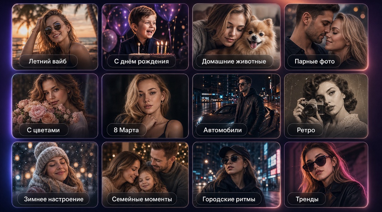 Сетка категорий Lamaphoto: летний вайб, день рождения, питомцы, пары, цветы, авто, ретро, зима и другие